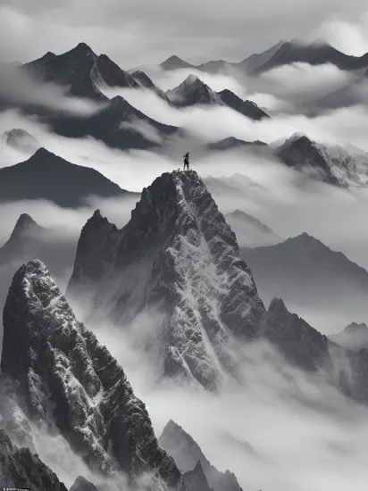 The prize-winning landscape photograph captures an athletic woman, standing at a distance, as she climbs a majestic Chinese mountain. The towering peaks stretch towards the sky, while the clouds and mist swirl around the woman, giving the scene a sense of drama and grandeur. The woman is a small, yet powerful figure, making her way up the challenging terrain with determination. The vastness of the landscape, combined with the skillful composition and expert use of light, make this a truly awe-inspiring image. The photograph is a celebration of the beauty of nature, the strength of the human spirit, and the power of photography to capture both in a single frame.