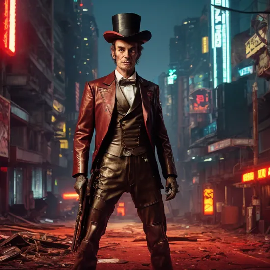 cinematic film still cyberpunk red neon,cyborg Abraham Lincoln holding a katana,neon,robot limbs,wide_shot,cinematic_angle,building_ruins red neon,, top hat . shallow depth of field, vignette, highly detailed, high budget, bokeh, cinemascope, moody, epic, gorgeous, film grain, grainy