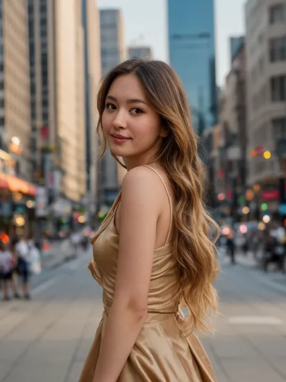 glamour photo of pyoapple, amidst a bustling city, upper body framing, in a street photography setting, golden hour lighting:1.3), shot at eye level, on a Fujifilm X-T4 with a 50mm lens, 