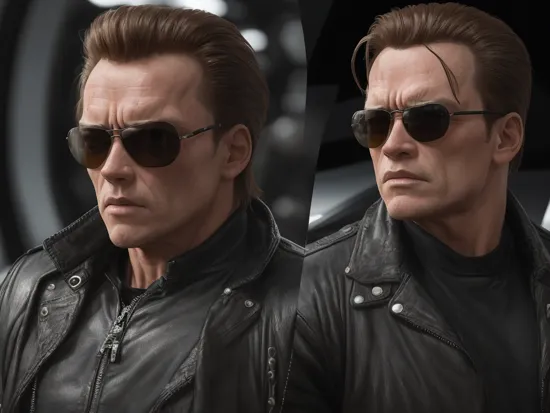 Terminator T-800, Arnold Schwarzenegger,  in dynamics, highly detailed, packed with hidden details, style, high dynamic range, hyper realistic, realistic attention to detail, highly detailed, --ar 51:91 --s 750 --v 5. 2, cyborg, Red glowing eyes, black rayban sun glasses, full body, skynet, Edward Furlong , John Connor