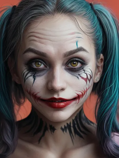 Art, reinvented, An alternative version of the Joker, A vibrant digital painting. vivid colors. American comic book cover art, 8k resolution. Extremely detailed. Award winning, , twintails,girl, crazy eyes, tsundere, large knife, rain