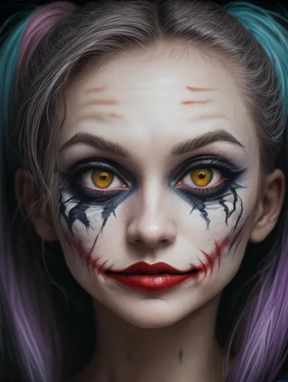 Art, reinvented, An alternative version of the Joker, A vibrant digital painting. vivid colors. American comic book cover art, 8k resolution. Extremely detailed. Award winning, , twintails,girl, crazy eyes, tsundere, large knife, rain