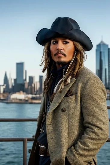 Johnny Depp, Urban explorer @JohnnyDepp, beige fedora, turtleneck, navy overcoat, modern cityscape backdrop, indirect daylight, looking away, confidence in posture, elements of style and sophistication, high contrast, outdoor setting, a narrative of travel or urban life.