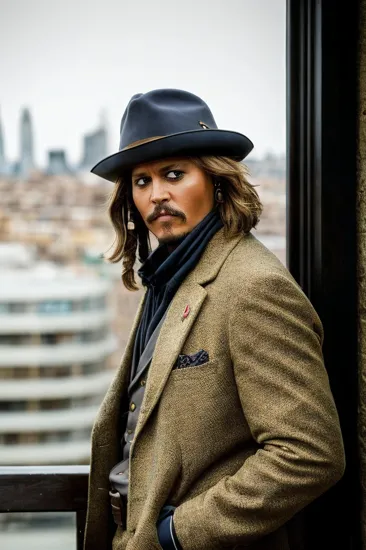 Johnny Depp, Urban explorer @JohnnyDepp, beige fedora, turtleneck, navy overcoat, modern cityscape backdrop, indirect daylight, looking away, confidence in posture, elements of style and sophistication, high contrast, outdoor setting, a narrative of travel or urban life.