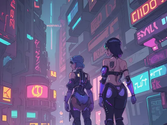 Jasmine in a blue dress and some men in black and purple outfits and a neon light up background, Enki Bilal, (cyberpunk:1.4), cyberpunk art, (cybernetic parts:1.4), (glowing jewelry:1.5),(arabian clothes, off-shoulder shirt, pants), (retrofuturism:1.5), 1girl, building, city, city lights, cityscape, cyberpunk, earth \(planet\), (from behind:1.34), lens flare, lights, moon, neon lights, night, planet, rain, science fiction, skyscraper, space, thighhighs, underwear, (low angle shot:0.8), (close-up shot:1.2) (asymmetrical:1.5), (alluring:1.42), (exquisitely seductive:1.34), (sublime:1.42), (fantastically epic:1.34), (masterpiece:1.45), (absurdres:1.62), (8k uhd:1.34), (4k, intricate:1.57), (realistic, photo-realistic:1.37),  (exquisitely artistic:1.42),  