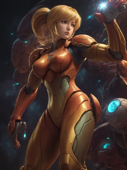 samus aran, metroid, right arm is a plasma bluster, red chest armor, Photorealistic, Hyperrealistic, Hyperdetailed, analog style, soft lighting, subsurface scattering, realistic, heavy shadow, masterpiece, best quality, ultra realistic, 8k, golden ratio, Intricate, High Detail, film photography, soft focus