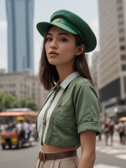 (from ground shot:1.3), stunning young girl, (sharp jawline:1.1), (full lips:1.1), (almond-shaped eyes:1.1), (high cheekbones:1.2),wearing green thai_girlscout_uniform, small green girl scout hat, standing tall in the center of a bustling metropolis, bright sunlight (sunny day:1.1), shot from a low angle, cinematic, vibrant (vivid:1.3) colors, urban landscape, (modern:1.1) fashion, photorealistic portrait, captured by Alexi Lubomirski, Fuji x-t3, rich and lifelike texture, trending on artstation, (city:1.1) street photography

,,