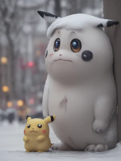 Candid shot of an abandoned sad depressed Pikachu, (tears in his eyes, droopy tail, sad facial expression, detailed realistic sad eyes:1.3), in the middle of a snow covered metropolis street, masterpiece, best quality, an abandoned sad depressed Pikachu, winter, night, heavy snowfall, snowstorm, snowflakes,  abandonment,