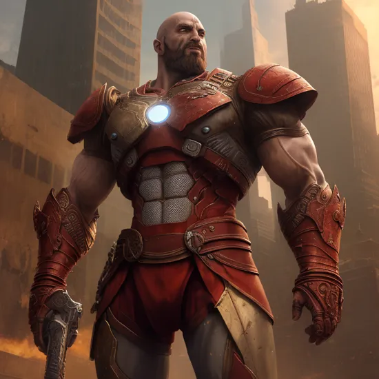 god of war kratos with iron man costume in futuristic city