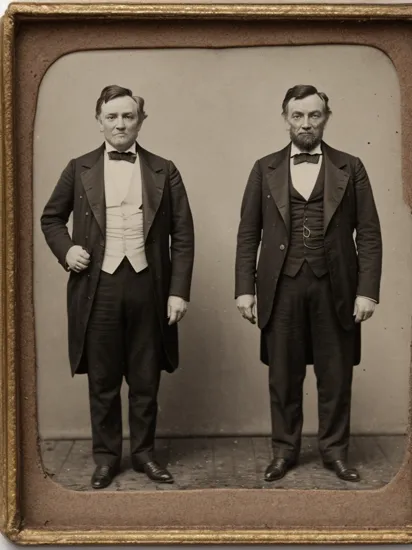 daguerreotype photo of fat and old Donald Trump standing next to skinny abraham lincoln in a US civil war camp,