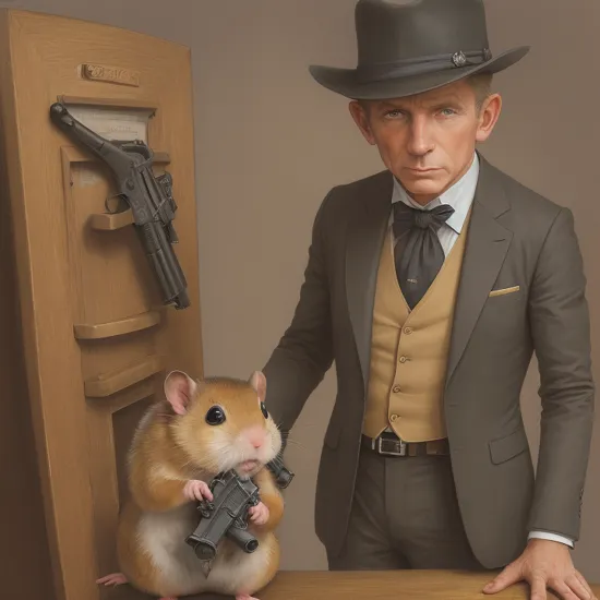  art by (jean-baptiste monge:1.0), a hamster dressed as james bond, 007, secret agent, pointing a gun at the viewer, secret laboratory room background, colored pencil drawing, masterpiece, best quality