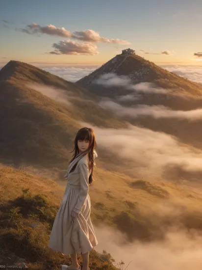 tilt-shift photo of manga style Conceptual Art, On the peak of the mountain, a girl stands, gazing at the sunrise with a nostalgic expression, with a sea of clouds behind her. She appears as if reminiscing the golden moments of her past, the wind gently tousling her hair giving a melancholy yet beautiful atmosphere to the scene. The clouds in the background look like a soft bed, inviting and warm, echoing her deep emotions. Photo taken by Adrian Burt with a Nikon D850 and a 24-70mm lens, Award Winning Photography style, Natural lighting blended with cinematic lighting to enhance the golden hues of the sunrise, 8K, Ultra-HD, Super-Resolution, concept art . vibrant, high-energy, detailed, iconic, Japanese comic style . Selective focus, miniature effect, blurred background, highly detailed, vibrant, perspective control