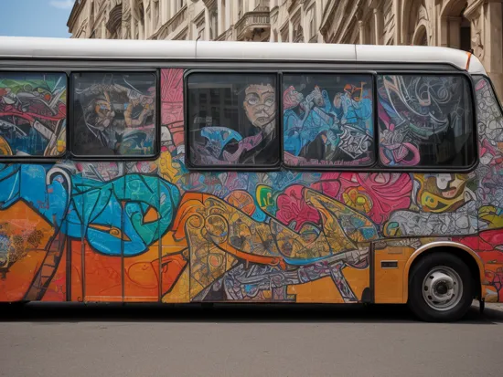 Street photography photo of a graffiti mural, outside, outdoors, side of a bus, side of a car, large, huge, ornate, outdoor lighting, best quality, (8k, ultra-detailed)  