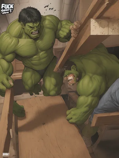 The hulk smashing a table, scaring co-workers. Comic strip speech bubble spells the word "FUCK".