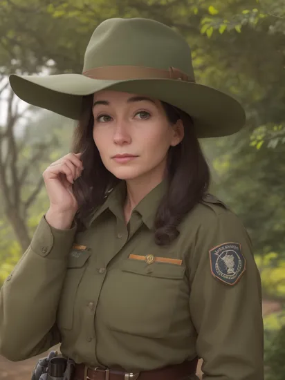 Photo of c0r1nnaK0pf, a woman as a dedicated park ranger, (in a national park), (binoculars:1.1), natural lighting, (outdoor style), (stunning 4K landscape wallpaper), photo of the most breathtaking natural wonders in history, professional and awe-inspiring nature photography by National Geographic, Outdoor Photographer, and Landscape Photography Magazine, trending on Parks & Rec Business, trending on National Parks Traveler, serene, high detail, sharp focus, dramatic, photorealistic nature scenes by Jane Goodall and Dian Fossey, (khaki uniform and ranger hat), ((patrolling the park)), (calm expression:1.3), (park ranger outfit:1.2).