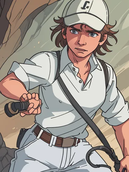 digital illustration, solo, face, harrison ford  wearing a spf1uniform, spf1poloshirt,  with a indiana jones's hat, in a cave, dynamic pose,looking at viewer , highly detailed, sharp focus, cinematic, 8k uhd, high quality, , holding a whip <lyco:loha_spf1:1>