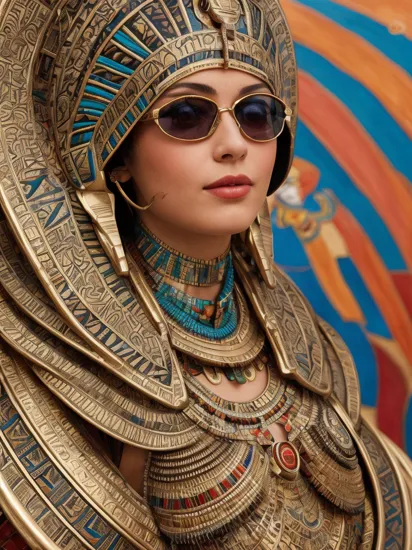 breathtaking, cans, geometric patterns, dynamic pose, Eclectic, colorful, sunglasses and outfit, full body portrait, portrait,close up of a Nerdy broad-shouldered (Cleopatra:1.2) , she is embarresed, Gondolier, surreal, Bokeh, Proud, Bardcore, Lens Flare,  painting, pavel, sokov