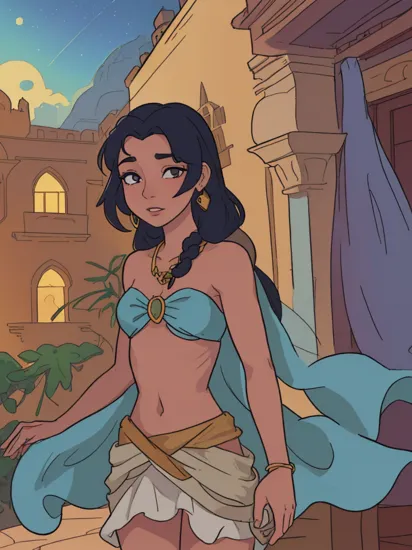 jasmine, dark-skinned female, pale skin, multi-tied hair, night sky, long hair, blue bandeau, Princess Jasmine on the balcony of her palace, surrounded by lush gardens and Arabian architecture, Agrabah, Disney style, magical lighting, enchanting atmosphere, Digital artwork, Resolution: 4k, cinematic view, scenic perspective, (best quality:1.2), (masterpiece:1.3), (high resolution:1.3), 