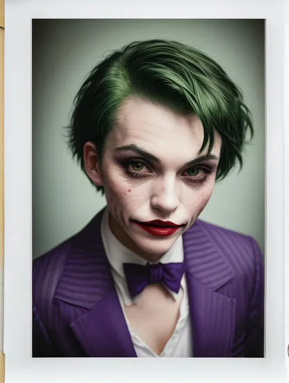 A beautiful woman with short green hair, dressed as the Joker in the iconic purple suit, femenine, female jocker, (polaroid photo:1.1)