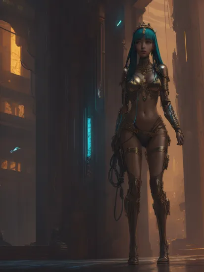 Tranquil Relaxing Atmosphere, ,  Cleopatra, reimaged in a cyberpunk universe, cyberpunk style, augmentation, cinematic scene, hero view, action pose, beautiful 8k, masterpiece, best quality, high quality, absurdres, calming style, soothing colors, peaceful, idealic, Tranquil Relaxing Atmosphere