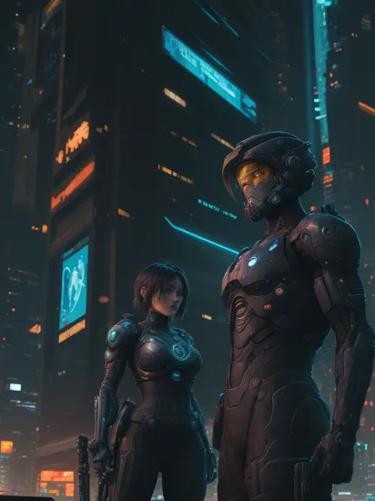 Two people,  Cortana and Master Chief in a cinematic action shot, cyberpunk cityscape in the background, cyberpunk surroundings, futuristic cyberpunk art style,multicolor neon lights, night time, water reflections, dark atmosphere, picture, raw photo, HDR colors, masterpiece, best quality, detailed, intricate, ultra detailed, highres, absurdres   