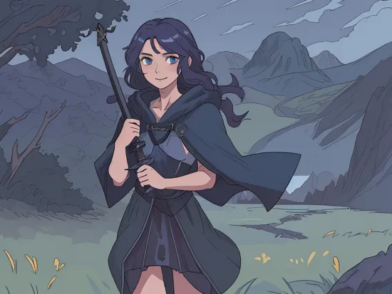 vibrant art, MeridaWaifu, blue dress, (dark blue cloak:1.5), (cowboy shot:1.5), (holding a sword:1.5), 1girl, solo, smile, blue eyes, red hair, large curly hair, curly hair, (untamed curls), (waist length hair:1.5), pale skin, freckles, outside, best quality, looking into the distance, mountains, grass, plains, Scotland mountains, green mountains, blue skies, rivers, hills,     