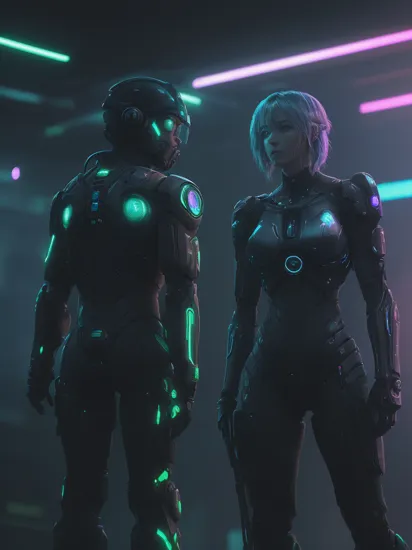 Two people. Master Chief and Cortana, hologram, ai, artificial intelligence, translucent body, glowing tattoos,  (reimagined in a cyberpunk universe), (cyberpunk style), (cyberpunk), augmentation, cybernetics, glowing neon lights, cinematic scene, masterpiece, best quality, high quality, absurdres, vivid 