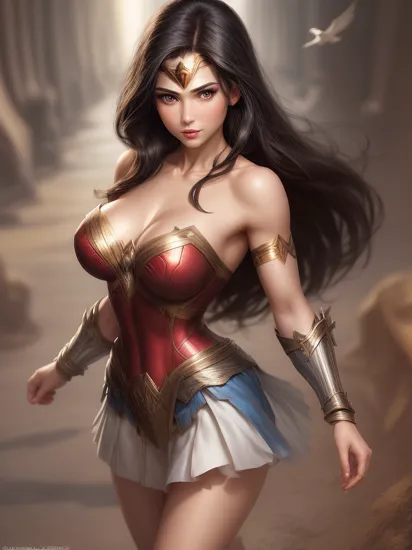 artgerm, 1girl, bare shoulders, bird, black hair, blue eyes, blurry, blurry background, bracelet, breasts, circlet, cleavage, collarbone, dove, jewelry, light smile, lips, long hair, looking at viewer, mature female, parted lips, realistic, solo, strapless, diana prince, wonder woman 