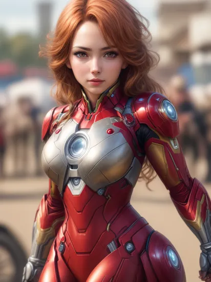 close up, (vanessa),   wearing iron man mark II armor suit, cosplay, 4K, HDR, outdoors, sunny,
 