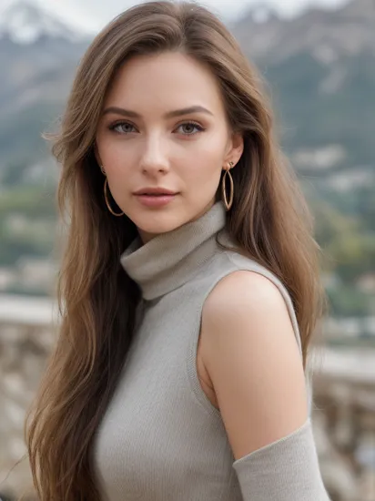 photo of extremely sexy (rw3lch:0.99), a woman as a sexy Architectural Designer, closeup portrait, long hair, messy hair, (dress with turtleneck), (( beautiful scenery, mountain )), (masterpiece:1.5) (photorealistic:1.1) (bokeh) (best quality) (detailed skin texture pores hairs:1.1) (intricate) (8k) (HDR) (wallpaper) (cinematic lighting) (sharp focus), eyeliner, painted lips, (earrings) 