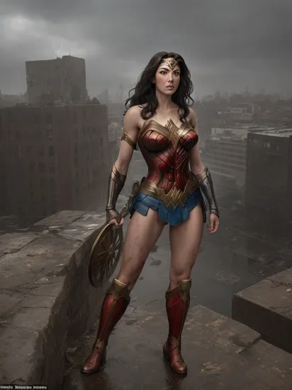 (masterpiece, best quality),  a desolate (wonder woman) with dirty and torn costume, very soaked and hurt on the top of a building looking at a devastated city, very rainy day, volumetric lighting, vapor, atmospheric effects