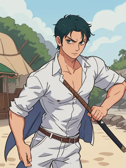 (masterpiece, best quality:1.2), , cowboy shot, solo, male focus, 1boy, roronoa zoro, scar, muscular male, looking at viewer, white shirt, outdoor beach,