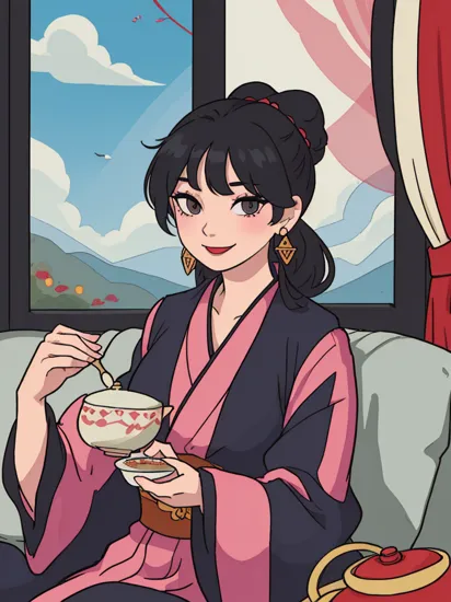 Mulan, long black hair, black eyes, hair ornament, jewelry, earrings, pink kimono,hair bun, black eyes, long sleeves, makeup,red lipstick, looking at viewer, serious, smiling,  sitting, on sofa, inside a cozy living room, holding a tea cup, window, blue sky, high quality, masterpiece,   