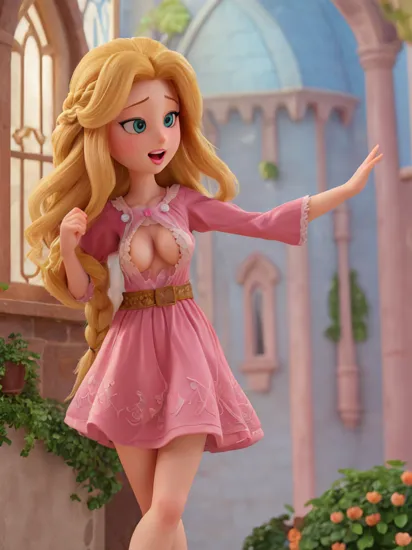 Rapunzel,(Disney art:1.1), 3d render, Tower Window, long golden hair cascading down the tower, sunlit, Rapunzel singing, joyful expression, beautiful face, rosy cheeks, pale skin, pink floral dress, braided hair, barefoot, view of the kingdom below, super detailed face, beautiful, looking at camera, open_mouth, porn, nsfw, small boobs, small tits [boobs size : 0.2], detailed eyes, 4k, high quality