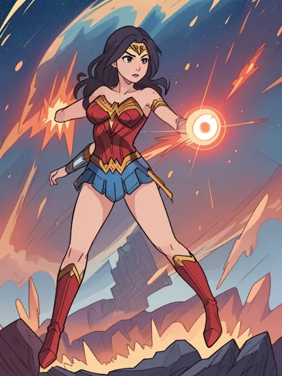 (full body), (Wonder Woman), ((heat vision)), (((solo))), Perfect and very beautiful face, magnificent sky background, Planets, standing in front of island skyline, dramatic, gorgeous, good anatomy, good proportions, hero pose, award winning, masterpiece, volumetric lighting, centered, (realistic photo), (Empty hands)