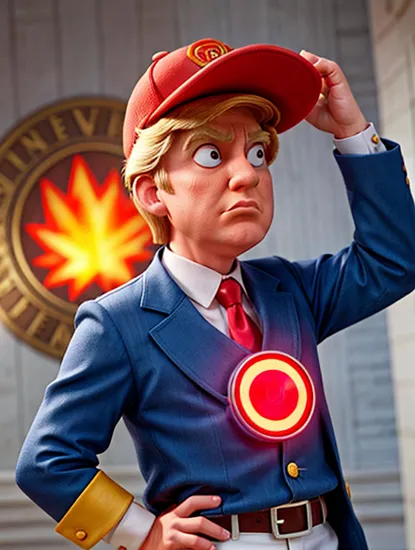 Cyclops Donald Trump, with his visor emitting a ruby-red beam, stands as the disciplined leader of his team. His blue and yellow suit mirrors the uniformity and spirit of the group, his posture exuding confidence and the weight of responsibility that comes with his powerful optic blasts.