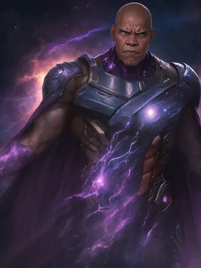 Barack Hussein Obama, male focus, stunning angry Thanos, bald, purple cape, nebula space background, volumetric light, upper body, muscle, muscular, fantasy, dynamic angle, dynamic pose