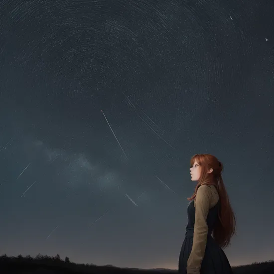 (Monika, green eyes, gorgeous face, auburn hair, ponytail, very long hair, perfect body, colored inner hair), (( Astrophotography, Night Sky, Star Trails, Celestial Wonders Elegance, Muted Tones, Classic, Serenity )), art by Liniers , art by Ben Passmore , art by Wenyi Geng , art by Sophie Roach, , 
