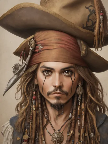 Jack Sparrow, (tarot:0.5), upper body portrait, whimsical, drawing  stephanie_law_style, detailed, sharp, HD, HDR, masterpiece, best quality, best resolution, golden ratio