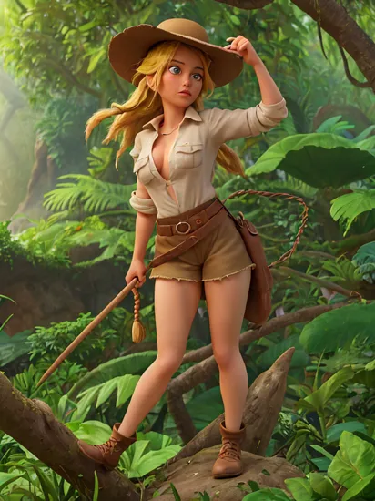 in the style of Style-Empire, award winning waist up photo of a beautiful sexy action hero, wearing torn button down shirt, indiana jones hat, leather whip, long blonde hair, braided, green eyes, swinging over river, in the jungle, dense jungle in background, sweaty, face flushed, large jungle bush in foreground, cave in background, action, sunny, jungle plants in background, high contrast, shiny skin, backlighting, bloom, light sparkles, chromatic aberration, sharp focus, in the style of Style-Empire