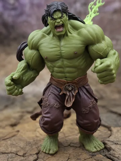 Hulk-Witch: Merging The Hulk and a Witch from a fairy tale, this figure smashes with gamma-powered fury:0.6 while wielding mystical powers:0.4. , awe_toys