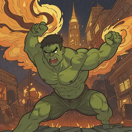 hulk, rampaging, towering presence, clenched fists, full body, streets, night, chaotic energy, intricate details, masterpiece, absurdres, best quality 