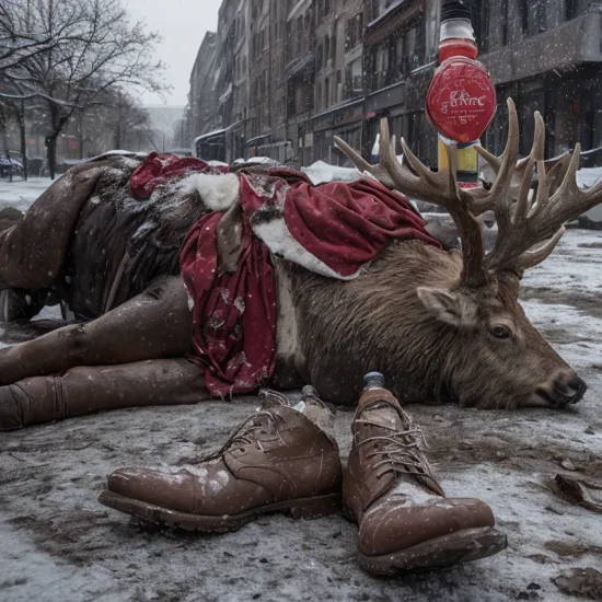 Documentary Portrait Photography (Masterpiece, Boutique, 8K, Ultra High Resolution, Ultra Detailed 1.4)
(Drunk Santa Claus and elk lying on the street)
(tattered and dirty Christmas clothes, muddy old short leather boots)
Tired expression (realistic, Blade Runner movie aesthetic, night, cinematic lighting, highly detailed) next to a tired elk, woven bag, gifts scattered on the ground, garbage on the ground, empty wine bottles, snow