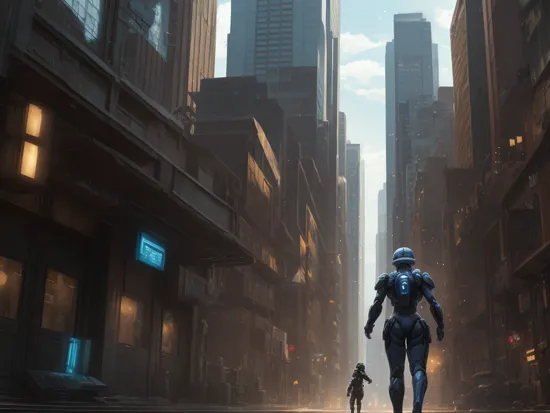 Cortana with tiny master chief in hand through forerunner city, 8k, real life