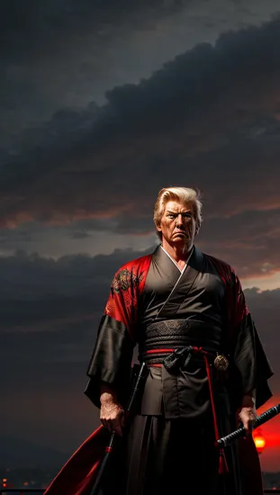 Brooding ronin Donald Trump, ((detailed red and black kimono)), two katanas at the waist, standing in a somber sunset, reflective and powerful stance, hair tied back revealing a hardened face, red lanterns floating in the sky, creating an atmosphere of solemnity and respect.