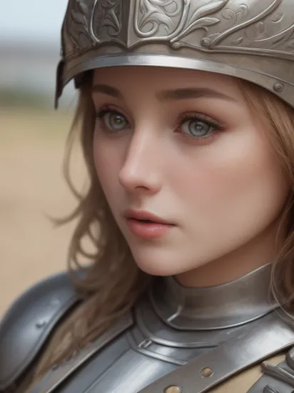 candid (close up) of a beautiful woman, nice face, stunning eyes, as joan of arc, wearing armor, beautiful day, 8k, candid, masterpiece