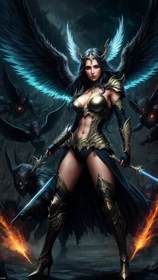 Exceptional quality, 4k, UHD, digital rendering, an ethereal angel woman fighting a horde of imps in helllll casting holy spell glowing eyes, glowing halo, dramatic action scene, helllll background, In the style of Luis Royo and Boris Vallejo, masterpiece, Unreal Engine, fantasy character, light caustic effects,
