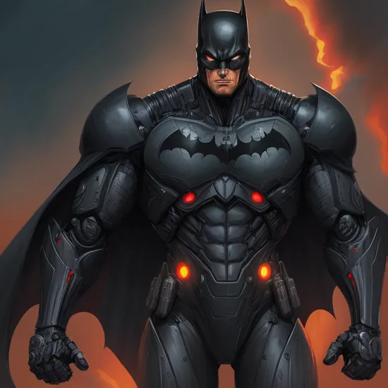 comic book art of  
batman cyborg a man in a black cyborg exoskeleton costume with a red terminator machine eyes on in the year 2042, comic art, graphic novel illustration