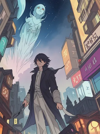 ethereal fantasy concept art of  Anime, In the midst of Tokyo's bustling streets, Light Yagami's eyes, empowered by the Shinigami, pierce through the crowd, seeking L. The world slows, and pages from the Death Note flutter in the wind. As the Death God Ryuk looms overhead, the weight of Light's choices manifests in a dark, spectral aura, consuming the cityscape. . magnificent, celestial, ethereal, painterly, epic, majestic, magical, fantasy art, cover art, dreamy