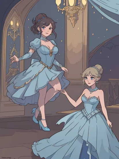A stunning digital painting of (taylor swift :1.0),solo, (middle shot:1.4), realistic, masterpiece, best quality, high detailed, (As Cinderella, dressed in her stunning blue ball gown and glass slippers, dancing with Prince Charming in the grand ballroom of a majestic castle, sparkling chandeliers, intricate decorations, vivid colors, detailed environment, reminiscent of the enchanting animation style, high-resolution, timeless charm.:1.3),(in the style of James Gurney:1.1),epic fantasy character art, concept art, fantasy art,  fantasy art, vibrant high contrast,trending on ArtStation, dramatic lighting, ambient occlusion, volumetric lighting, emotional, Deviant-art, hyper detailed illustration, 8k, gorgeous lighting, ,vamptech ,(full height portrait:1.8),(A high, messy bun with strands artfully teased to create a sexy, tousled effect.:1.2),photoshoot